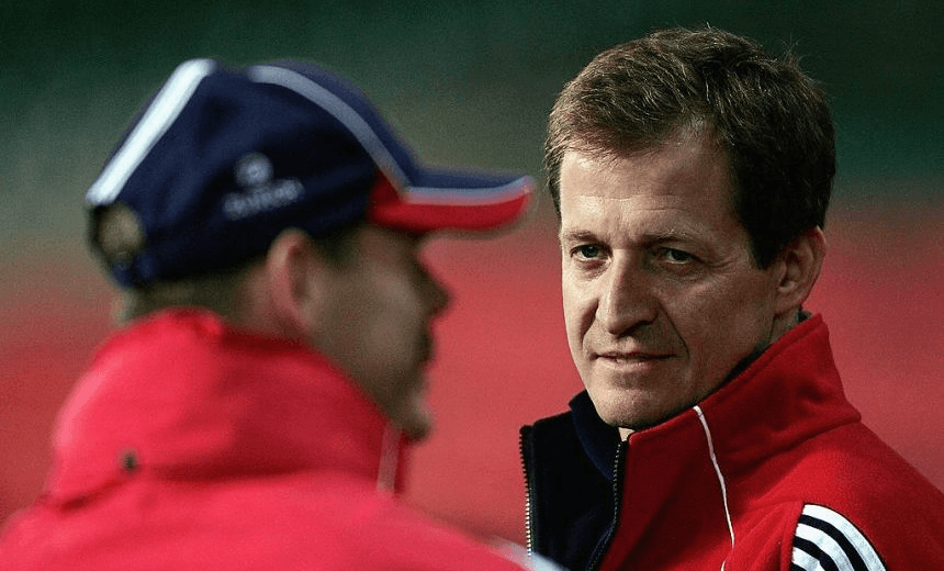 CARDIFF, WALES- MAY 22: Lions coach Clive Woodward (left) speaks to media consultant Alistair Campbell during British and Irish Lions Rugby training at The Millennium Stadium on May 22, 2005 in Cardiff, Wales.  (Photo by Stu Forster/Getty Images) 
