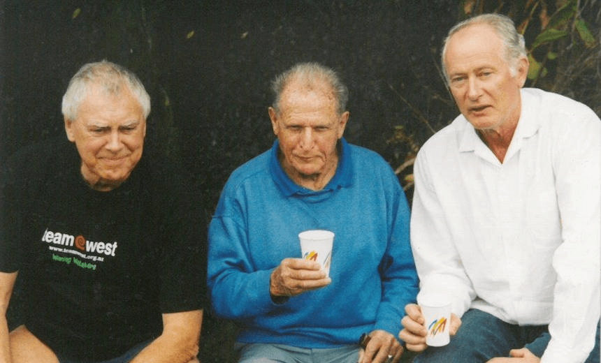 From left, Sir Bob Harvey, athletics legend Arthur Lydiard, and Warwick Roger at the Bendells Creek waterfall in the Waitakeres, 2002. Lydiard died the following year and his ashes were scattered at this spot. 
