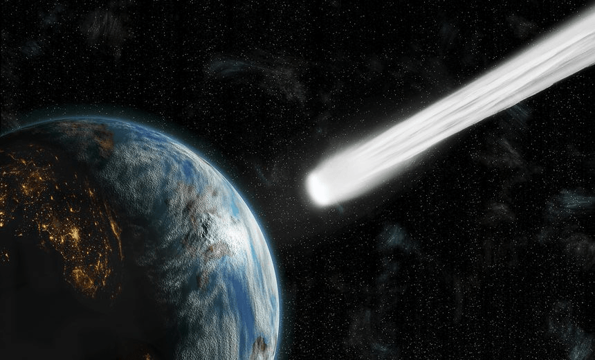 An artist’s depiction of an inhabited Earth-like planet facing an imminent collision with a comet. The nigntside glows with city lights. 
