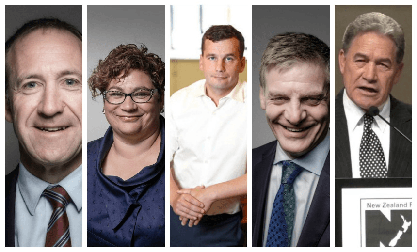Left to right: Labour Party leader Andrew Little, Green Party co-leader Metiria Turei, ACT Party leader David Seymour, Prime Minister and National Party leader Bill English and NZ First leader Winston Peters. 
