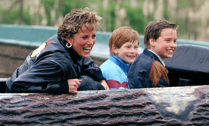 Diana, Princess Of Wales, Prince William And Prince Harry Visit ‘Thorpe Park’ Amusement Park. (Photo by Julian Parker/UK Press via Getty Images) 
