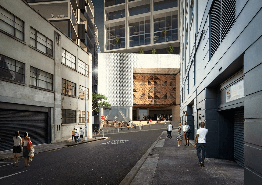 Concept art for Karangahape Station on Mercury Lane, seen from Cross Street. Image: CRLL