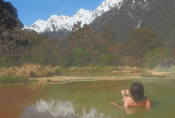 The author at Welcome Flat Hot Pools, south of Fox Glacier. Photo by Maryann Williams. 
