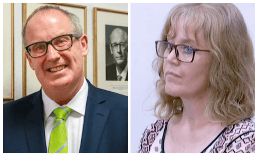 Auditor General Martin Matthews, left, and his former employee Joanne Harrison at her sentencing earlier this year. 
