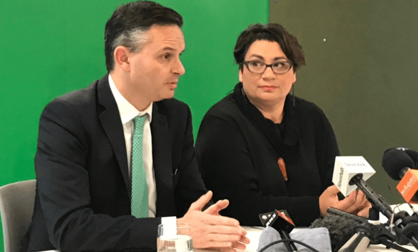 Co-leaders James Shaw and Metiria Turei during the Green Party conference. (Photo: Simon Wilson) 
