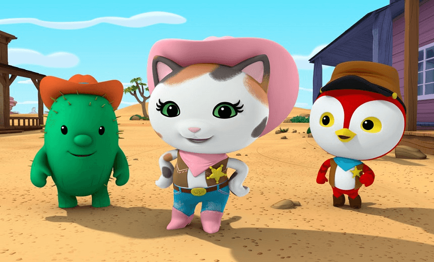 The animated series “Sheriff Callie’s Wild West,” the first western for preschoolers (age 2-7) stars Mandy Moore (Disney’s “Tangled”) as the voice of Callie, a kitty cat sheriff who, along with her deputy woodpecker Peck and fun-loving cactus sidekick Toby, watch over the frontier town of Nice and Friendly Corners, ensuring that it remains the friendliest town in the West. (DISNEY JUNIOR)
TOBY, CALLIE, PECK