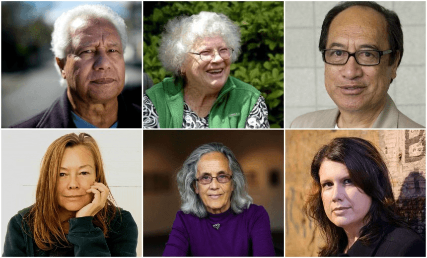 Clockwise from top left: Albert Wendt, Janet Frame, Witi Ihimaera, Kelly Ana Morey, Patricia Grace, and Paula Morris 

