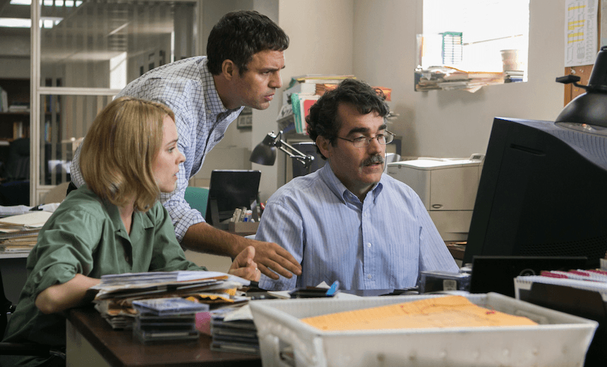 (Left to right)  Rachel McAdams as Sacha Pfeiffer, Mark Ruffalo as Michael Rezendes and Brian d’Arcy James as Matt Carroll  in SPOTLIGHT. 
  
Photo credit:  Kerry Hayes / Distributor:  Open Road Films 
