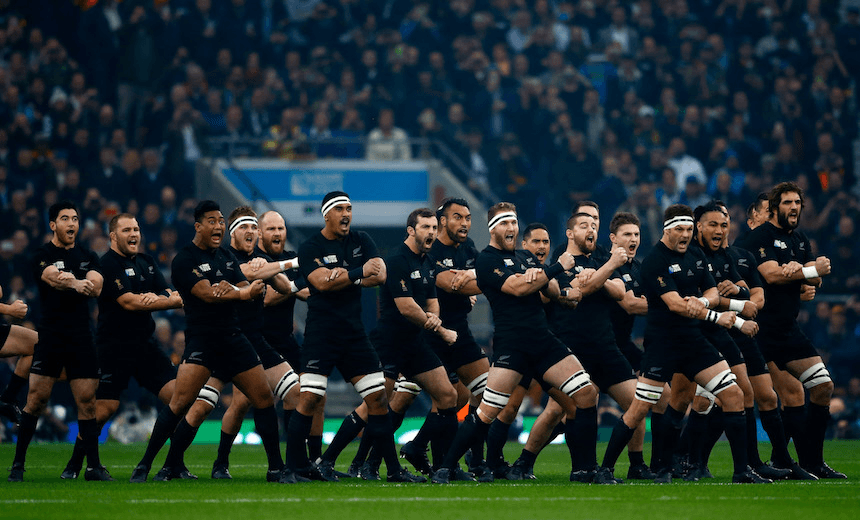 LONDON, ENGLAND – OCTOBER 24:  New Zealand perform the Haka prior to kickoff during the 2015 Rugby World Cup Semi Final match between South Africa and New Zealand at Twickenham Stadium on October 24, 2015 in London, United Kingdom.  (Photo by Laurence Griffiths/Getty Images) 
