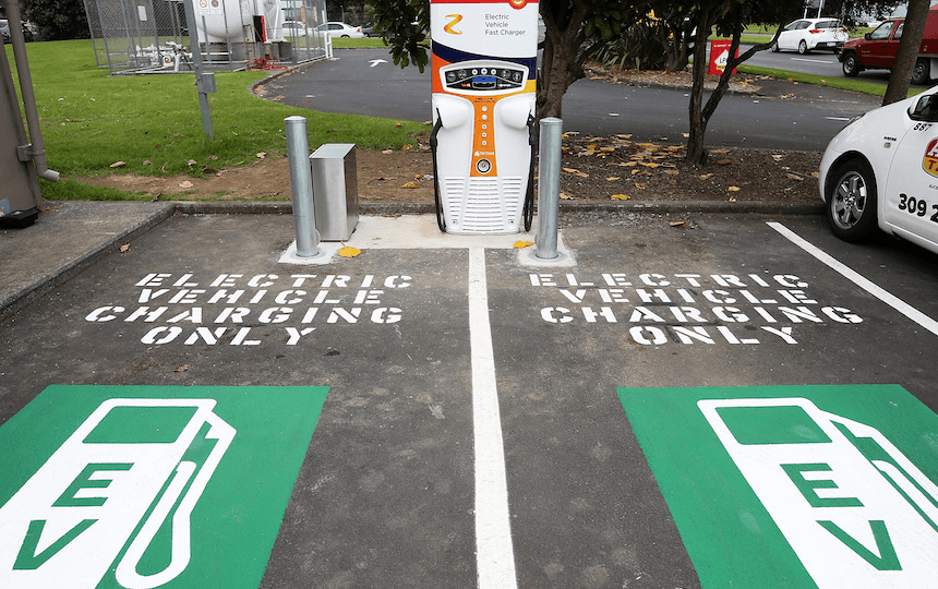 A vision into the future at an electric vehicle charging station at a Z Energy station. (Photo by Fiona Goodall/Getty Images) 
