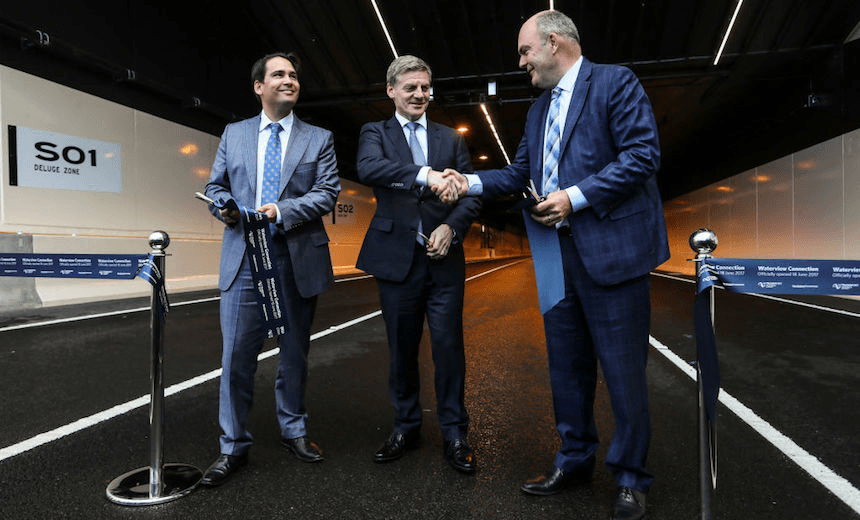 Then-transport minister Simon Bridges, prime minister Bill English and infrastructure minister Steven Joyce officially open the new Waterview Connection Tunnel on June 18, 2017 in Auckland.  (Photo: Simon Watts/Getty Images) 
