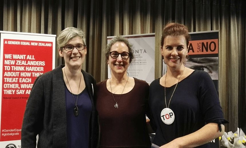 Jessica Hammond (right) Jenny Condie (left) and Terry Bellamak, President of of ALRANZ (the Abortion Law Reform Association of NZ) 
