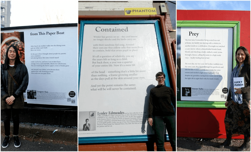 Gregory Kan, Lynley Edmeades, and Simone Kaho with their poems on giant posters (Image: Phantom) 
