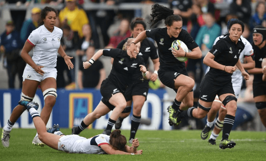 Portia Woodman on her way to scoring one of 13 tries in 4 games at the World Cup (Photo by Charles McQuillan – World Rugby/World Rugby via Getty Images) 
