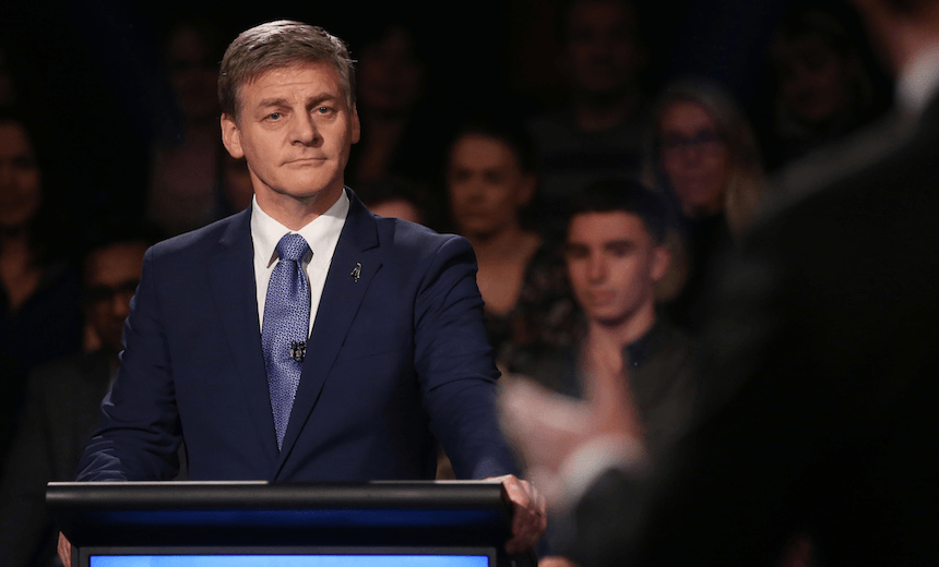 04.09.2017 Prime Minister and Leader of the National Party Bill English speaks during the Newshub Decision 17 Leaders Debate in Auckland. Pic Michael Bradley. Mandatory Photo Credit © Supplied by Newshub 
