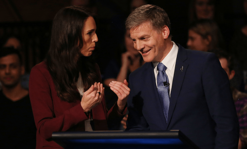 Jacinda Ardern and Bill English during the Newshub leaders debate. Pic Michael Bradley/Newshub 
