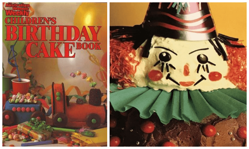 The original edition of the book, circa 1980, and the horrifying Clarence Clown cake 
