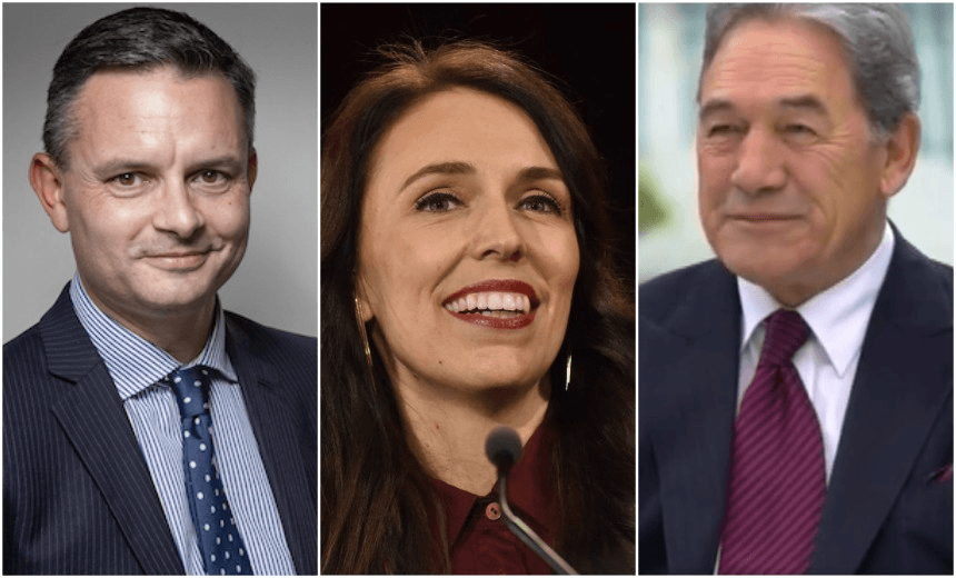 Left to right: Greens leader James Shaw, Labour leader Jacinda Ardern, NZ First leader Winston Peters 
