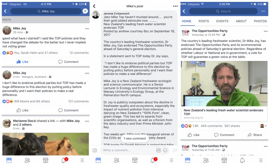 The Facebook post that started it all (left, centre) and TOP’s subsequent media release claiming an endorsement by Mike Joy.  
