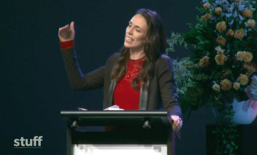 Ardern with the hammer (image: screengrab) 
