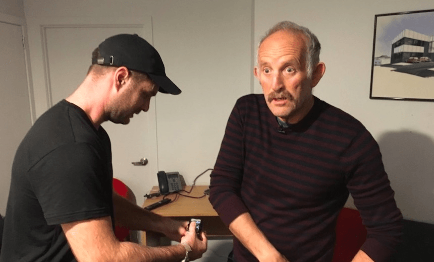 Morgan getting mic-ed up (image: Duncan Greive) 
