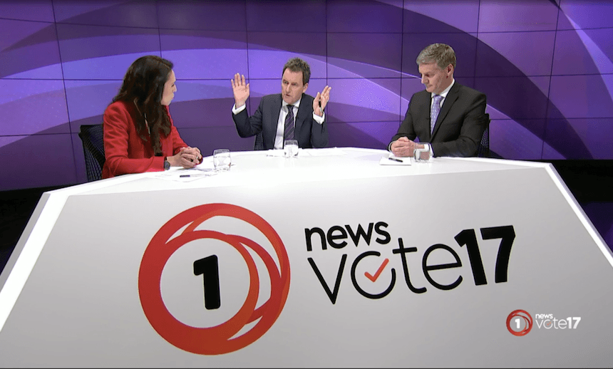 Jacinda Ardern, Mike Hosking and Bill English in the second 1News debate from 2017.  
