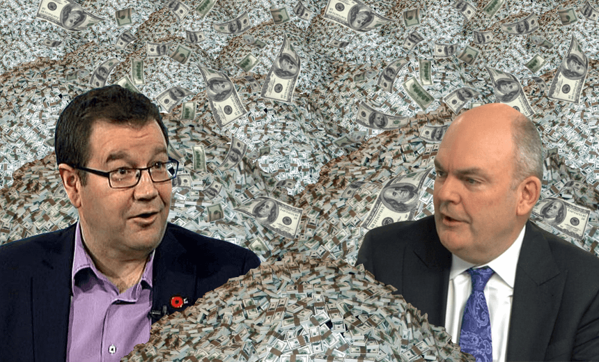 Grant Robertson and Steven Joyce with a lot of money (image: Tina Tiller) 

