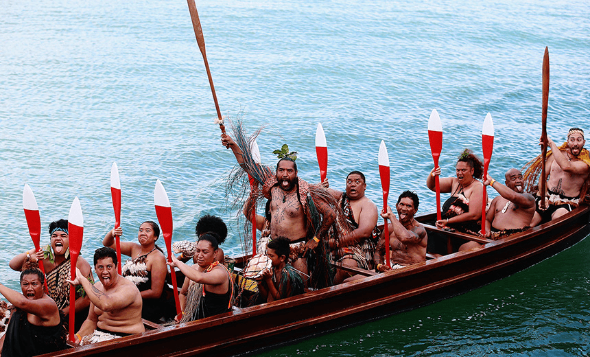AUCKLAND, NEW ZEALAND – JANUARY 30:  Maori Warriors arrive on Waka during the Tamaki Herenga Waka Festival on January 30, 2016 in Auckland, New Zealand. The inaugural festival aims to celebrate Auckland’s Maori history, heritage and culture of the city.  (Photo by Hannah Peters/Getty Images) 
