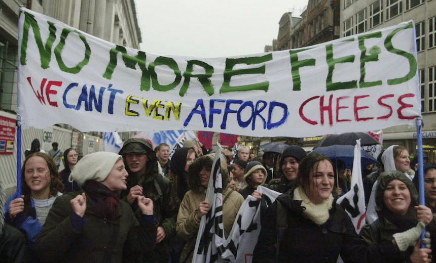 Students take part in a protest march in central London against university top-up fees, 2002. (Photo: Johnny Green – PA Images/PA Images via Getty Images) 
