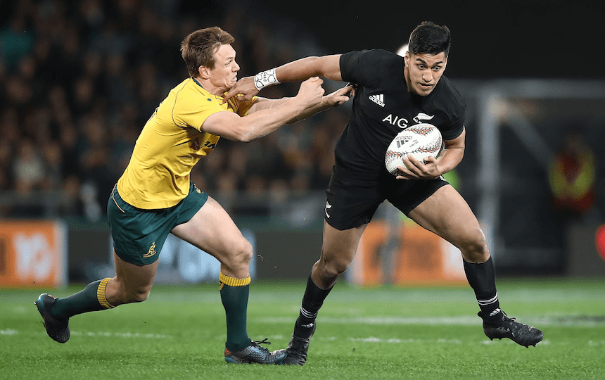 DUNEDIN, NEW ZEALAND – AUGUST 26: Rieko Ioane of the All Blacks is tackled during The Rugby Championship Bledisloe Cup match between the New Zealand All Blacks and the Australia Wallabies at Forsyth Barr Stadium on August 26, 2017 in Dunedin, New Zealand.  (Photo by Phil Walter/Getty Images) 
