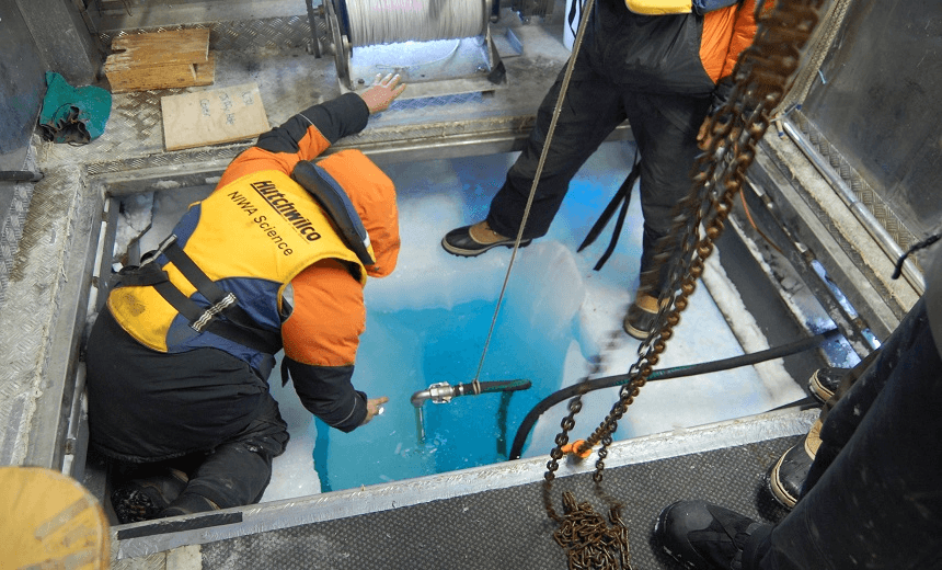The research team explore the ocean below, through holes cut in the ice – in a lab made from a container – this will be this home and work space for a number of weeks. 
