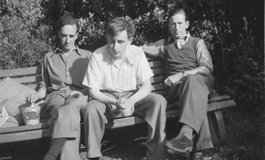 What New Zealand writers looked like, 1951: From left, Brasch with a young, rather wary James K Baxter, and poet Basil Dowling, who moved to the UK and taught in a boys’ school where, at a sports event, he was hit on the head by a discus. (Hocken Collections, MS-0996-012-169/002) 
