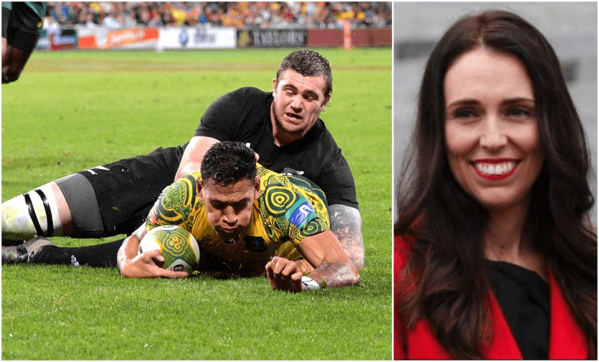 Left: one of the reasons the All Blacks lost.  Right: A random photo of Jacinda Ardern (Bradley Kanaris/Getty Images) 
