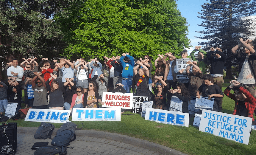 People gathered outside Parliament last Thursday to demand the government bring Manus Island refugees to New Zealand 
