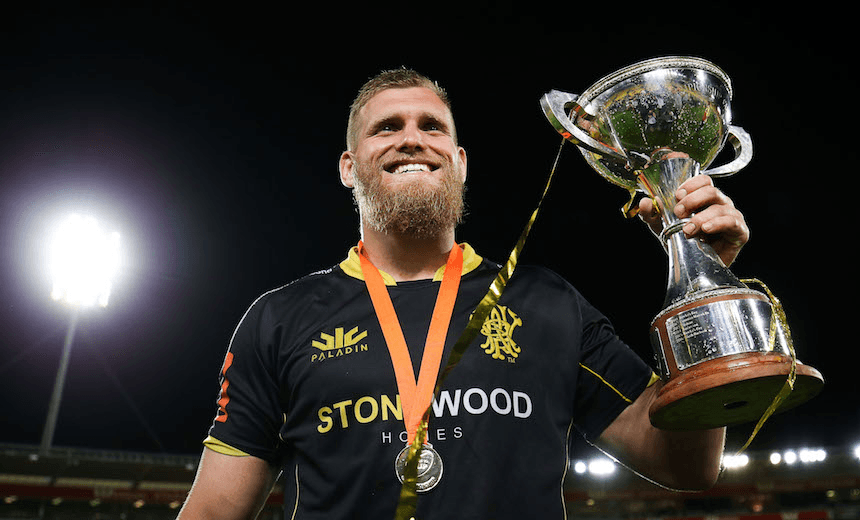 WELLINGTON, NEW ZEALAND – OCTOBER 27:  Brad Shields of Wellington holds the Championship Cup during the Mitre 10 Cup Championship Final match between Wellington and Bay of Plenty at Westpac Stadium on October 27, 2017 in Wellington, New Zealand.  (Photo by Hagen Hopkins/Getty Images) 
