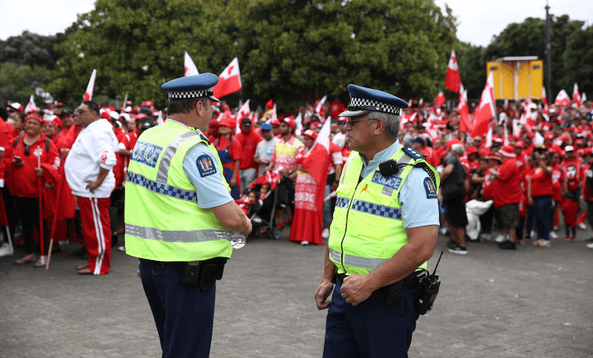 AUCKLAND, NEW ZEALAND – NOVEMBER 25: Police keep a presence at the gates during the 2017 Rugby League World Cup Semi Final match between Tonga and England at Mt Smart Stadium on November 25, 2017 in Auckland, New Zealand.  (Photo by Phil Walter/Getty Images) 
