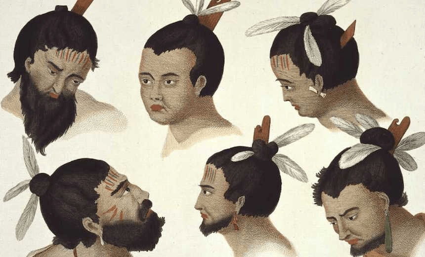 During James Cook’s first expedition to New Zealand (1769–70), artist Sydney Parkinson recorded the variety of hairstyles and head adornments shown in this composite portrait. These six men have their hair tied or rolled in various styles, five have it secured with heru (carved combs) and five have added white feathers – usually three but in one case five. 
