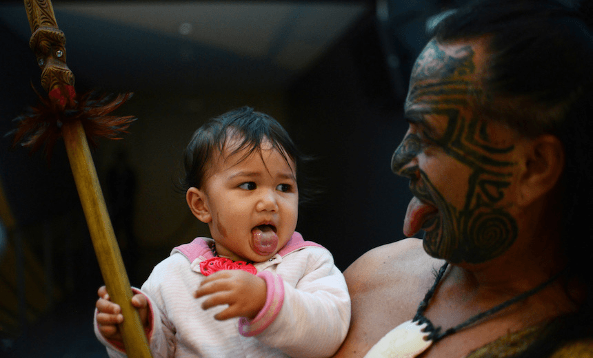 Wetini Mitai from New Zealand and his daughter Niwareka make a Maori grimace at the 64th Frankfurt Book Fair October 9, 2012. This year’s edition of the largest book fair in the world takes place from October 10 – 14, and features New Zealand as guest of honour. AFP PHOTO / JOHANNES EISELE (Photo credit …  Read more 
