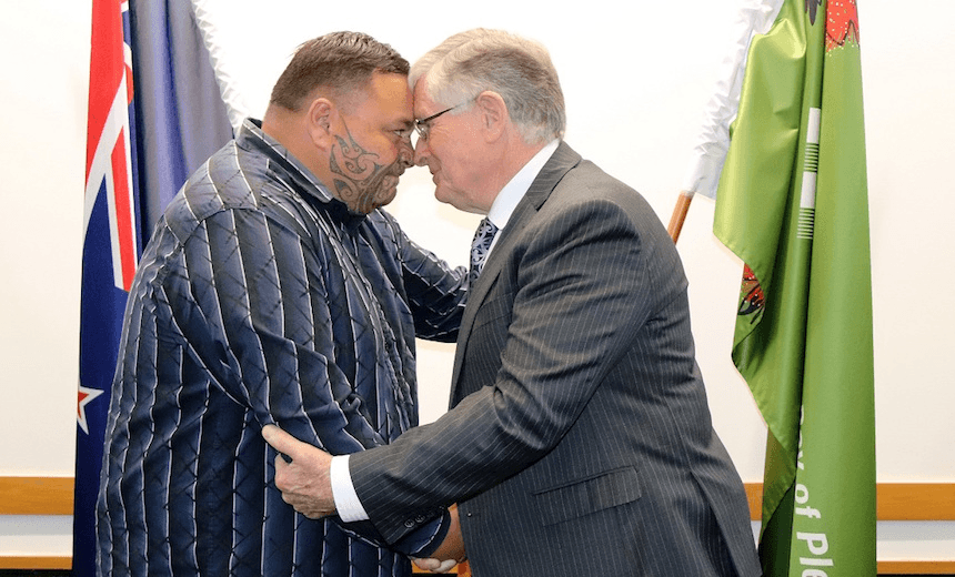 Tauranga Moana Te Arawa ki Takutai Partnership Forum Chair Reon Tuanau and Western Bay of Plenty Mayor Garry Webber 
