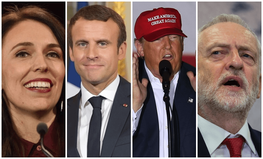 (L-R) Jacinda Ardern, Emmanuel Macron, Donald Trump, Jeremy Corbyn