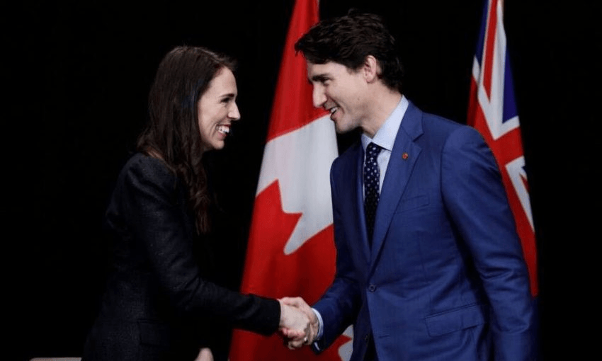 Jacinda Ardern and Canadian PM Justin Trudeau at the ASEAN summit in Manila. (Photo: Twitter) 
