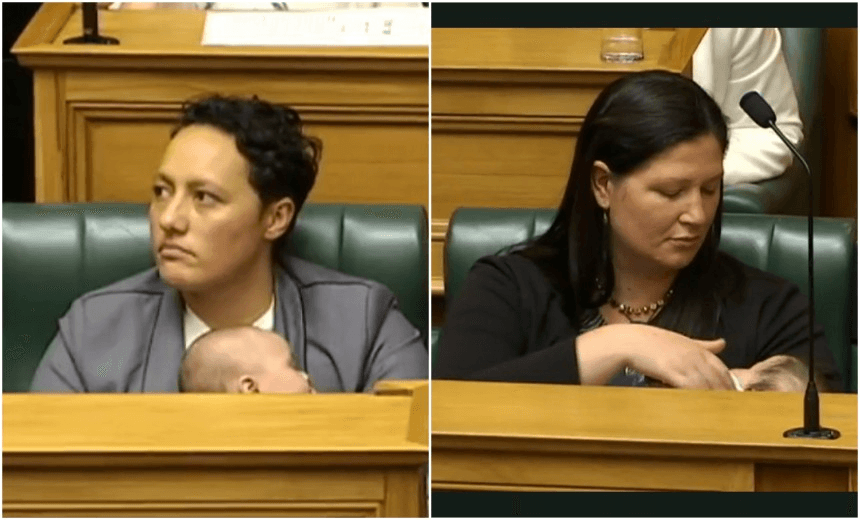 New Labour MPs Kiri Allan, left, and Willow-Jean Prime with their babies in Parliament this week. Screengrabs: TVNZ 

