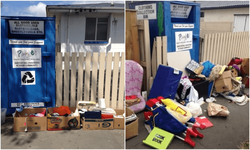Rubbish outside a charity bin in north Christchurch. Photo: Sarah Watkeys 
