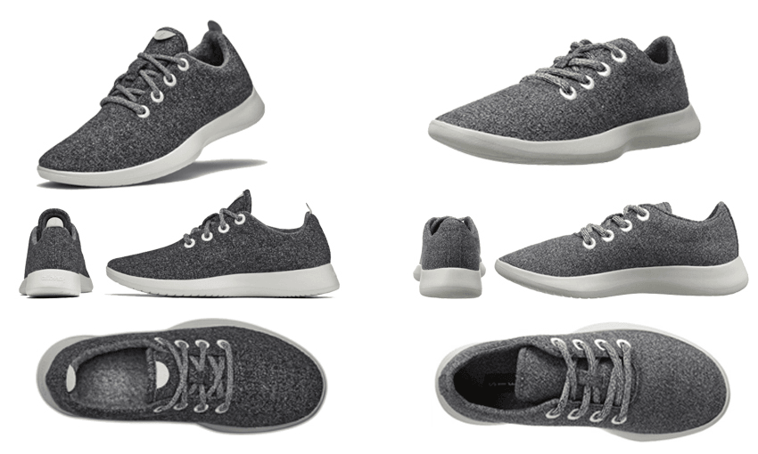 LEFT: Allbirds Wool Runners in natural grey / RIGHT: Steven by Steve Madden Women’s Traveler Walking Shoe in grey