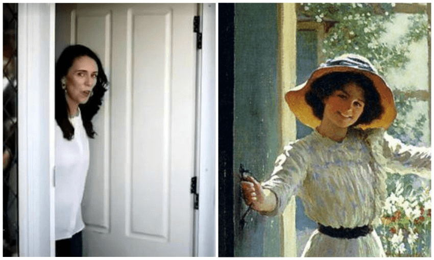 Prime Minister of New Zealand, Jacinda Ardern, announcing her pregnancy from her Pt Chevalier home / William Henry Margetson, At The Cottage Door, c.1900. (Image: Lawrence Smith/Stuff) 
