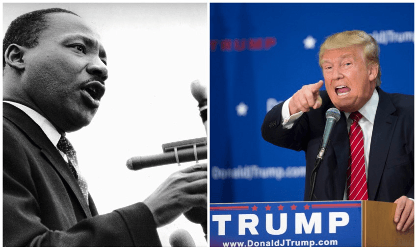 Martin Luther King delivers his ‘I have a dream’ speech at the Lincoln Memorial, 28 August 1963 (left). Donald Trump speaks during his 2016 presidential campaign. (Getty Images) 
