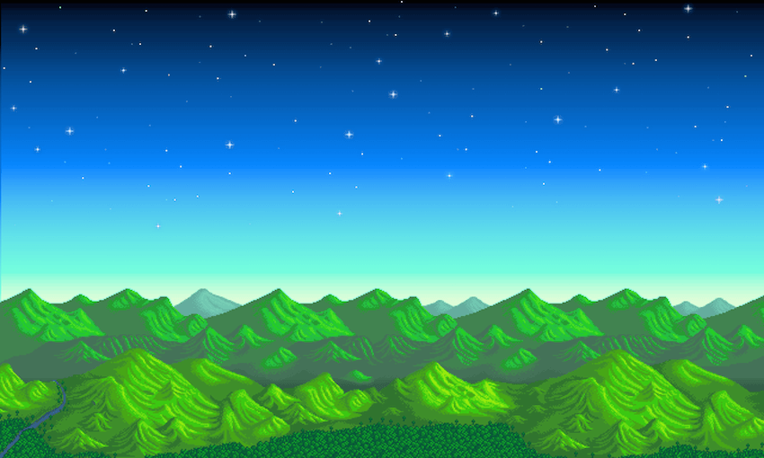 The gentle and murderless skyline of Stardew Valley.