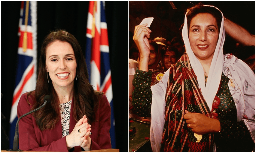 RIGHT: Jacinda Ardern speaks during a post cabinet press conference at Parliament on 31 October 2017 (Hagen Hopkins/Getty Images) / LEFT: Benazir Bhutto voting in the Pakistani General Election on 24 October 1990 (Derek Hudson/Getty Images)