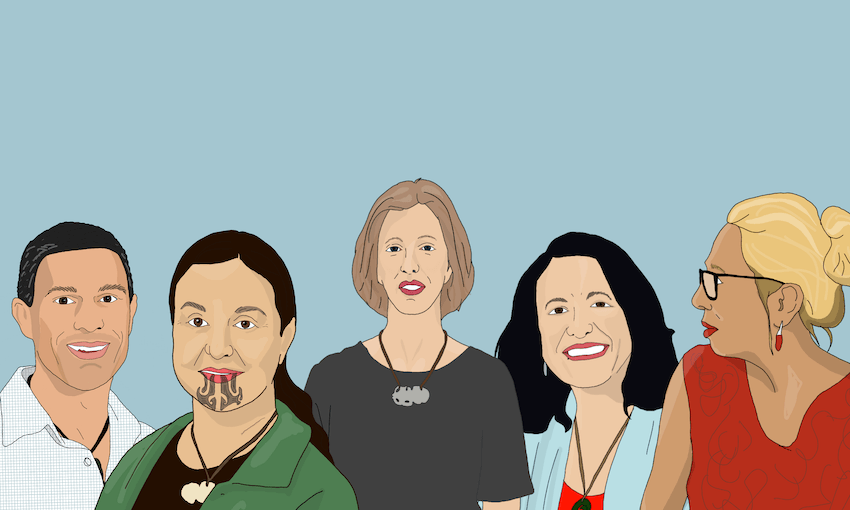 L – R: Rhys Jones, Papaarangi Reid, Donna Cormack, Matire Harwood and Teresa Wall. Illustration: Gabrielle Baker