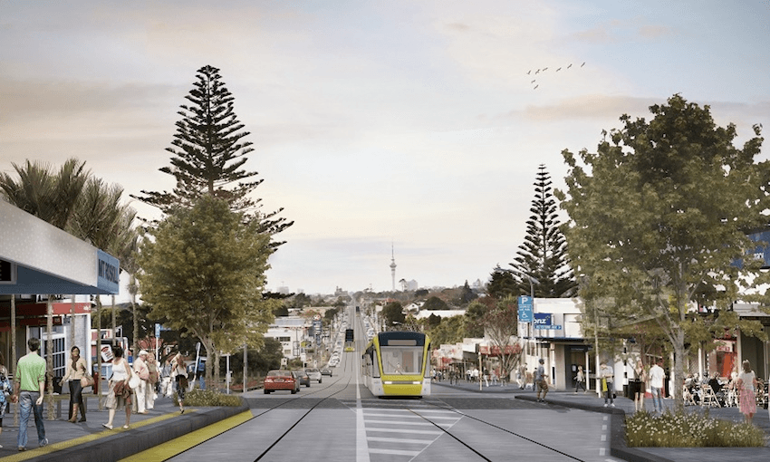 Visualisation showing light rail travelling down Dominion Rd, Mt Roskill (Source: at.govt.nz) 
